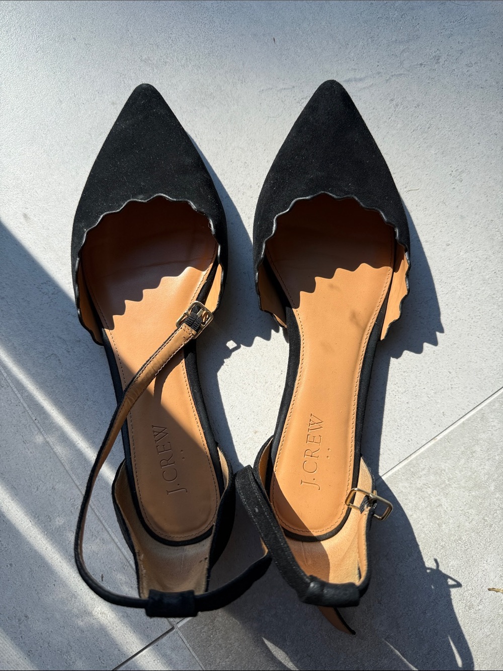 J. Crew Black Scalloped Pointed D'Orsay Flats with Ankle Strap